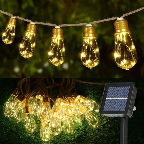 Vista 8 de Guirnalda de luces solares para exteriores, luces solares de patio de 24 pies, tira de luces para exteriores, impermeable, 8 modos de luces de Blanco