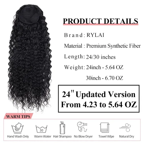 Vista 4 de Extensiones de pelo de cola de caballo negro rizado con cordón de extensión de pelo humano con sensación larga de 24 pulgadas con clip, extensiones