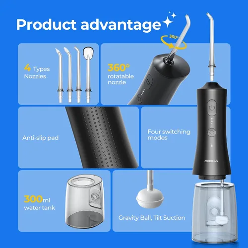 Vista 6 de Operan Irrigador dental de agua inalámbrico de 10.1 fl oz, irrigador dental portátil para dientes, 4 modos de pulso, IPX7, irrigador oral
