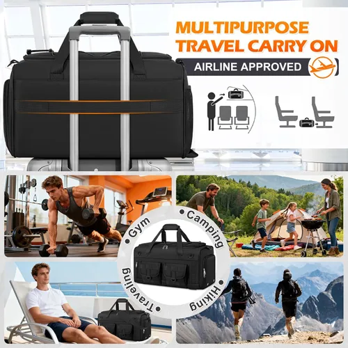Vista 8 de RAINSMORE Bolsa de gimnasio para hombres, 45L grande 3 en 1, bolsa deportiva con compartimento para zapatos y bolsillo húmedo, resistente al agua