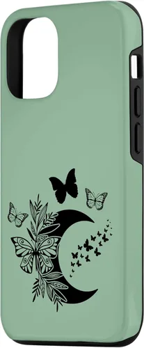 Vista 2 de Funda de bruja Wicca Wicca para iPhone 15, diseño de luna y mariposa, color verde salvia