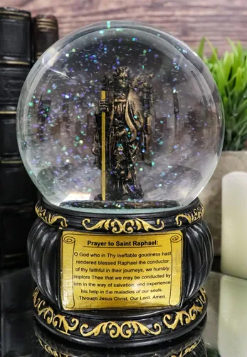 Vista 2 de Ebros Gift Guardian Santo Arcángel San Rafael Ángel de Sanación con purpurina con placa de oración, base de arte de desplazamiento dorado de 5.25