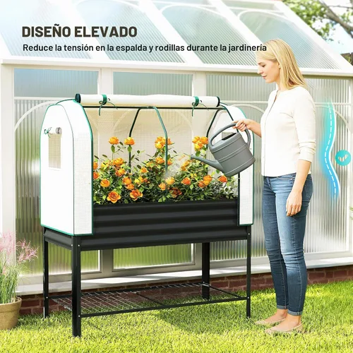 Vista 5 de Outsunny Cama de jardín elevada galvanizada con cubierta de invernadero, cama de jardín elevada de metal con patas, forro de cama y estante