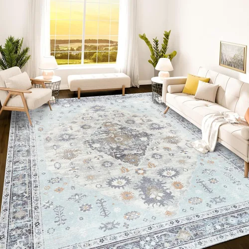 Vista 215 de Istana Alfombra larga antideslizante de 2.5 x 8 para el hogar, para pasillo y cocina, lavable, sedosa y suave al tacto, elegante, color azul y marfil