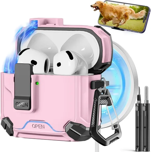 Vista 53 de Pohgelan - Funda compatible con AirPods Pro 2ª/1ª (verde) Cerradura magnética automática con kit de limpieza, compatible con Magsafe