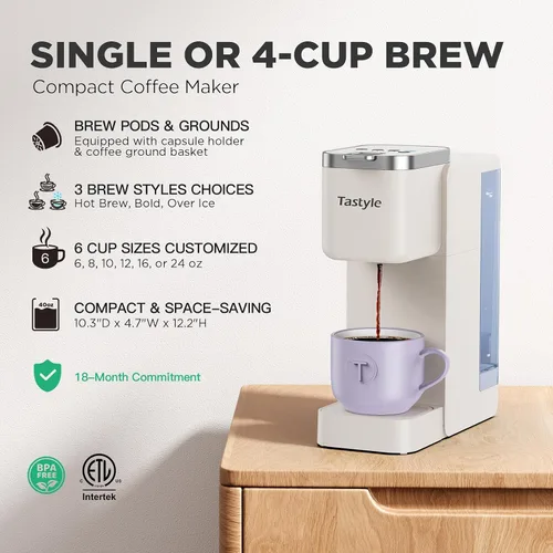 Vista 2 de Tastyle Cafetera de Una Sola Porción, Máquina de Café Helado y Caliente para Cápsulas K y Café Molido, Diseño Compacto, Depósito de Agua Extraíble