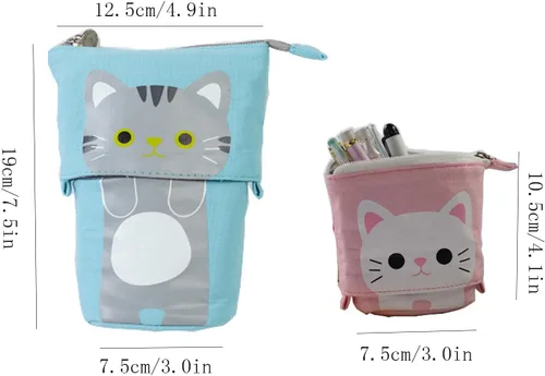 Vista 3 de iSuperb - Portalápices convertible para soporte y almacenamiento, de lona y poliuretano, con caricatura de gato adorable; cartuchera telescópica