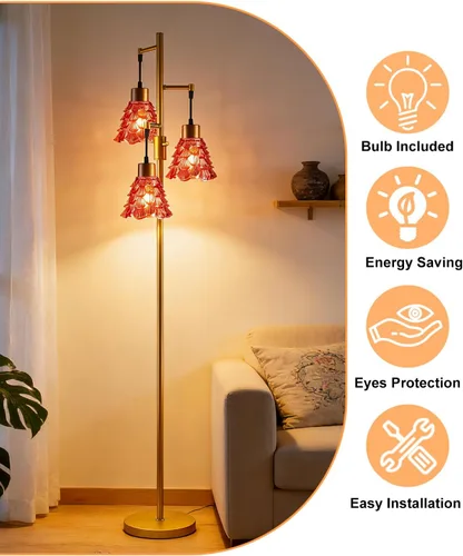 Vista 5 de Lámpara de pie moderna de cristal de 3 luces, lámpara alta de pie dorada con pantalla de vidrio de piña roja profunda, lámpara de pie LED regulable