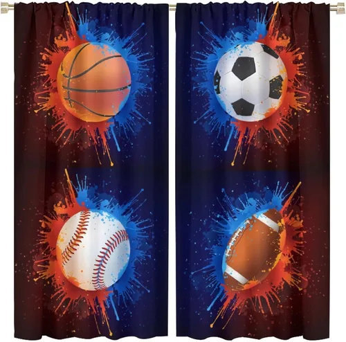 Vista 31 de Cortinas deportivas de baloncesto para niños, patrón de llama de bola 3D naranja, 42 pulgadas de ancho x 45 pulgadas de largo