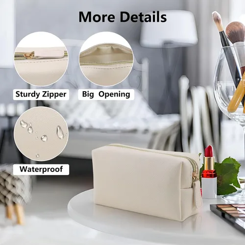 Vista 4 de Bolsa de maquillaje de cuero Apooliy para bolso de viaje, organizador de cosméticos portátil pequeño para mujeres y niñas, bolsa de maquillaje