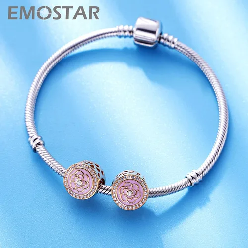 Vista 3 de Los dijes de flores y trébol se adaptan a la pulsera europea Valentiens, dije de flor de magnolia de oro rosa, trébol, copo de nieve brillante