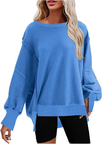 Vista 5 de Sudaderas de gran tamaño con cuello redondo para mujer, otoño, moda, manga abombada, color sólido, ajuste holgado, ropa de invierno Y2K