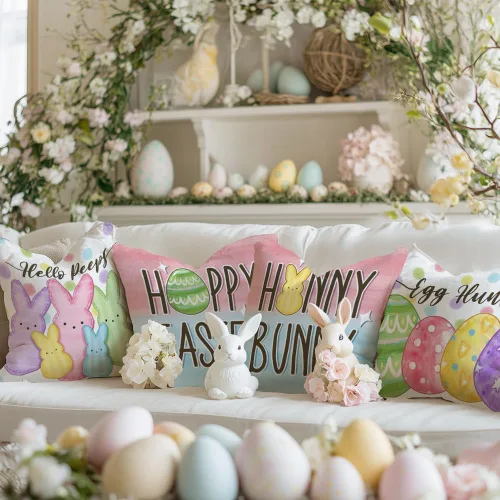 Vista 6 de GEEORY Happy Easter Eggs Hello Peeps - Juego de 4 fundas de almohada de 18 x 18 pulgadas, diseño de conejito de conejito con lunares, decoración