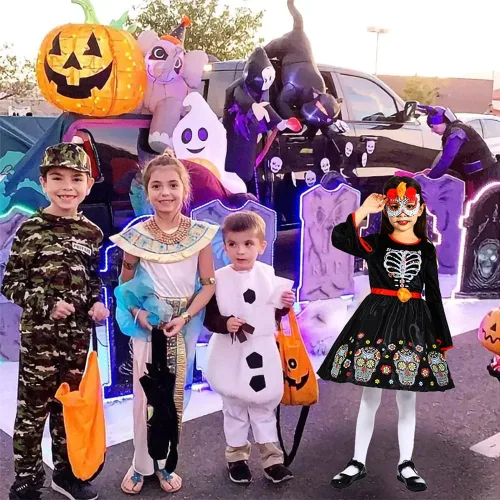 Vista 6 de Lingway Toys Disfraz del Día de los Muertos para niñas, ideal para el Día de los Muertos