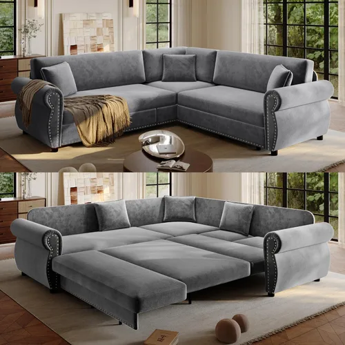Vista 12 de Sofá cama seccional en forma de L de 6 asientos, sofá extraíble de chenilla gris Gris oscuro