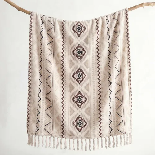 Vista 2 de CASAAGUSTO Manta Boho - Mantas Decorativas Beige y Gris con Borla, Manta Bohemia de Franela Estampada para Silla, Cama, Sofá, Sillón