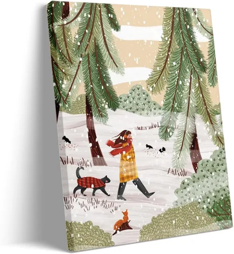 Vista 7 de Arte de pared de pueblo de invierno, encantadoras casas de pueblo cubiertas de nieve, escena nocturna acogedora, arte de pared, decoración navideña