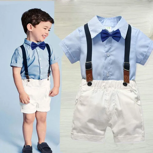 Vista 4 de Conjunto de traje de caballero para niños pequeños, camisa de manga corta + tirante + pantalones cortos + pajarita, 4 piezas para niños pequeños