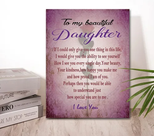 Vista 5 de Wailozco Lienzo colgante con texto en inglés "To My Beautiful Daughter", arte de pared enmarcado para decoración de pared de habitación de hija