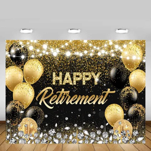 Vista 5 de MEHOFOND Telón de fondo de feliz jubilación negro y dorado con texto en inglés "Congrats Retirement" (Congrats Retirement) - Cartel de feliz