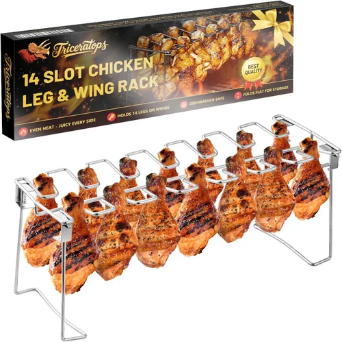 Vista 2 de Triceratops Estante para patas y alas de pollo, 14 ranuras para baquetas de pollo para barbacoa, soporte de acero inoxidable para ahumador, horno