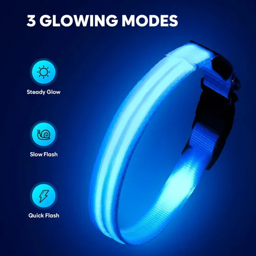 Vista 2 de Collar de perro con luz LED, recargable que brilla en la oscuridad, collar ajustable para perros pequeños (S, azul)