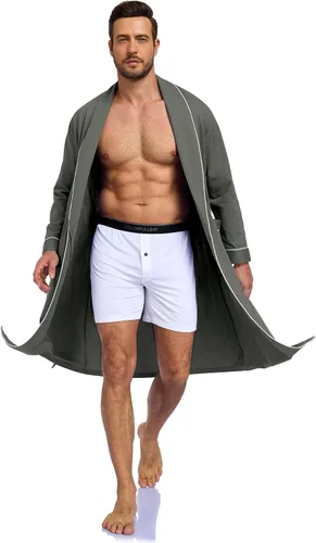 Vista 5 de COLORFULLEAF Bata de baño para hombre, 100% algodón, ligera, larga, ropa de dormir de punto suave, bata de spa con bolsillos Verde militar