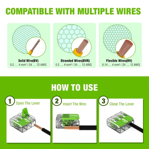 Vista 12 de WAGO 221 Series Green Range 36 conectores de cable de empalme compactos, incluye (16 tuercas de palanca 221-422) (12 x 221-423) (8 x 221-425)