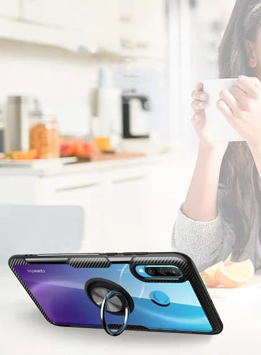 Vista 4 de SORAKA Funda transparente para Huawei P30 Lite con soporte de anillo, funda delgada transparente de policarbonato duro para Huawei P30 Lite