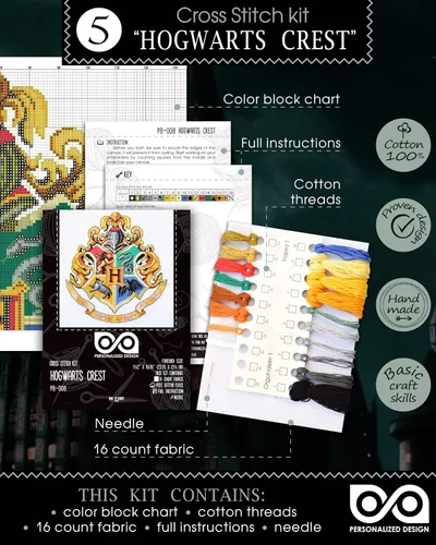 Vista 8 de Personalized.Design Kits de punto de cruz de conteo 'Hgwrts House Crests' - Juego de 5 kits de bordado para adultos Escudos 5 en 1 Hogwarts House