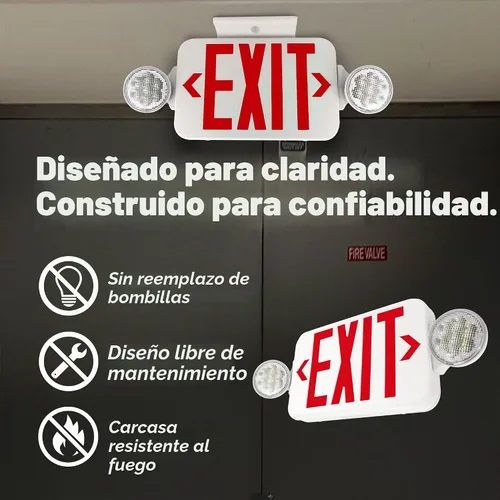 Vista 7 de LFI Lights® - Señal de salida roja combinada con luces de emergencia Carcasa blanca Todos los LED Dos cabezales redondos ajustables cableado