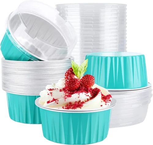 Vista 29 de EUSOAR Moldes desechables de papel de aluminio con tapas, 30 piezas de 5 onzas (4.2 fl oz) de papel de aluminio para magdalenas, tazas para hornear