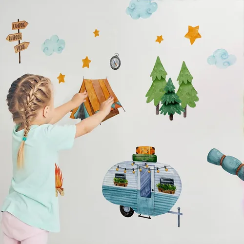 Vista 5 de Yovkky Calcomanías de pared para habitación de los niños, decoración neutra de picnic al aire libre, casa rodante, hoguera, guardería, sala