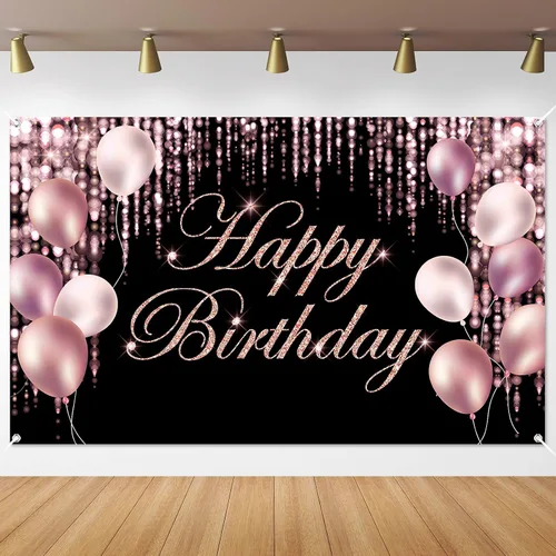 Vista 7 de Cartel de feliz cumpleaños negro y dorado con texto en inglés «It's My Birthday», telón de fondo para baby shower, fiesta interior y exterior