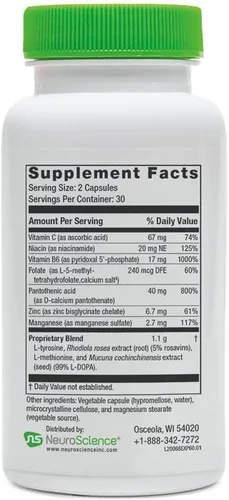 Vista 6 de Neuroscience ExcitaPlus - Suplementos de apoyo suprarrenal para el apoyo a la salud del cortisol con L-tirosina, rodiola y vitaminas B, promueve
