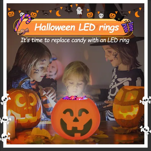 Vista 6 de Anillos iluminados para fiestas de Halloween, 50 unidades, anillos LED brillantes, juguetes divertidos para niños y adultos, Plástico