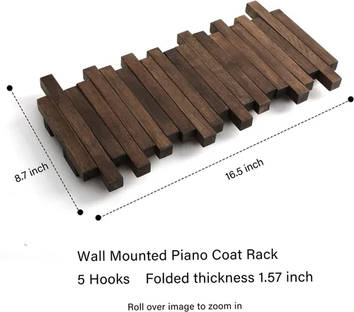Vista 5 de Perchero de madera natural para piano de pared Perchero de pared Perchero de pared abatible con 5 ganchos Perchero de entrada, hecho de madera