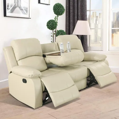 Vista 21 de Juego de muebles de sala de estar, juego de sofá reclinable de cuero, sofá reclinable y sofá biplaza, juego de sofá de cuero beige, juego de muebles