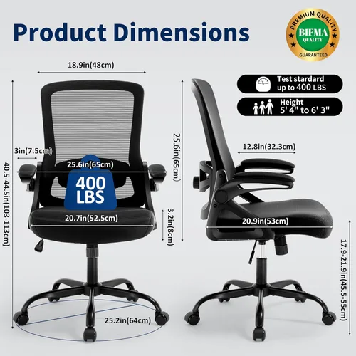 Vista 3 de Silla de Oficina Ergonómica, Silla de Escritorio con Soporte Lumbar Ajustable, Sillas de Computadora Cómodas de Malla Transpirable con Reposabrazos