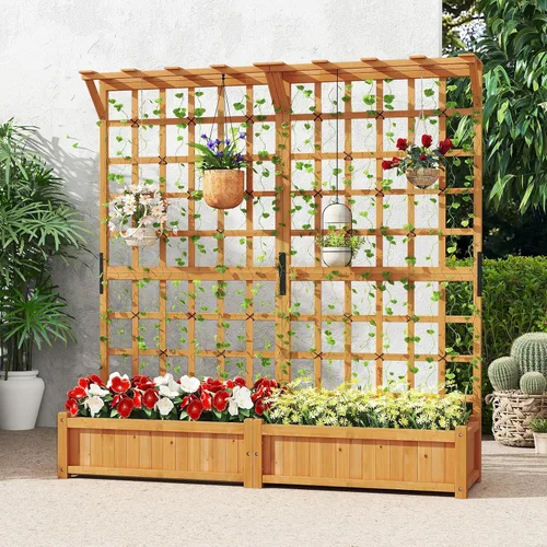 Vista 7 de HAPPYGRILL Cama de jardín elevada de 71 pulgadas con enrejado y 2 techos