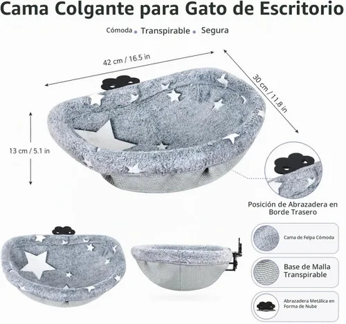 Vista 4 de Cama de escritorio para gatos, hamaca de escritorio ajustable para Grisclaro