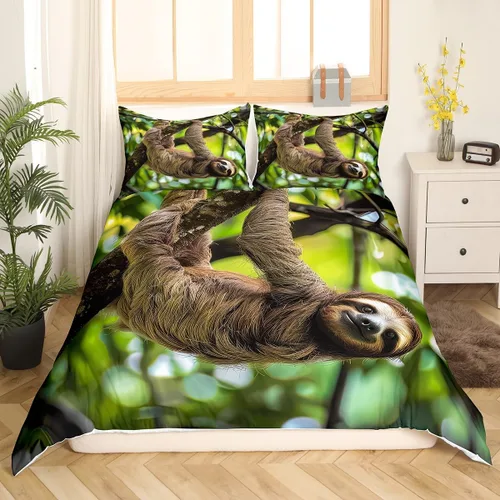 Vista 3 de Erosebridal Juego de ropa de cama de perezoso marrón, tamaño Queen, funda de edredón Kawaii para niños, adolescentes y niños, bonita funda