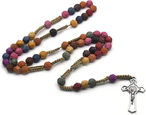 Vista 3 de Cruz de pared de crucifijo, cruz católica hecha a mano con cuentas de rosario, bautismo, oración religiosa, collar de cruz, colgante pectoral