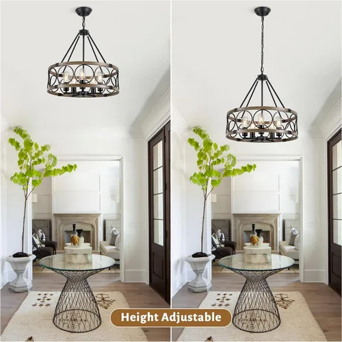 Vista 6 de Candelabro de Granja para Comedor de 5 Luces Negro Rústico de Tambor Candelabros de 20" Textura de Madera Lámpara Colgante Ajustable para Isla
