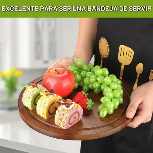 Vista 4 de Tablas de cortar redondas de madera de acacia para cocina pequeña tabla de Tabla de cortar decorativa no tóxica para servir pan, tablas de queso