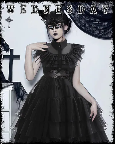Vista 5 de KISPATTI Wednesday Addams - Vestido para niños, disfraz de Addams para niñas con accesorios para la familia, Halloween, cosplay, fiesta