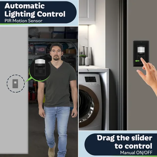 Vista 2 de TOPGREENER - Interruptor de luz con sensor de movimiento PIR para pared, interruptor con sensor de ocupación, requiere cable neutro, control manual