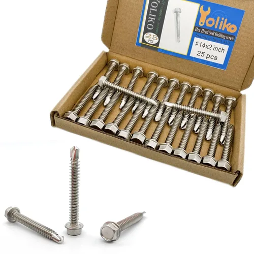 Vista 12 de Tornillos autoperforantes de cabeza hexagonal de arandela #14 x4 (1" a 4-7/8" disponibles), acero inoxidable 410, tornillos Tek de chapa