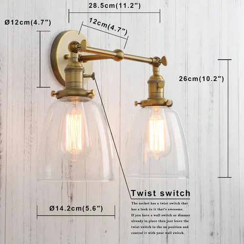 Vista 2 de PERMO Aplique doble vintage industrial antiguo 2 luces apliques de pared con cono ovalado pantalla de vidrio transparente (antiguo)