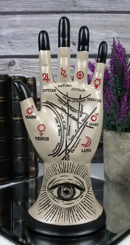 Vista 2 de Ebros Gift Antigua adivinista psíquica mística quirología quirología palmistry mano palma con líneas y símbolos Ojo de la Providencia Figurilla